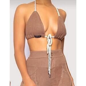 Ricki Brazil Bamboo Rope Tie Bikini Top Brown S Sexy Club Wear Resort Knit Party